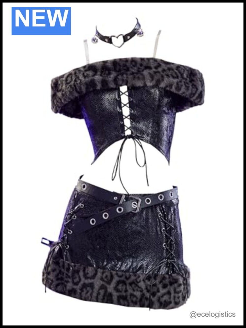 Plush Gothic Off-Shoulder Top and A-Line Skirt Set